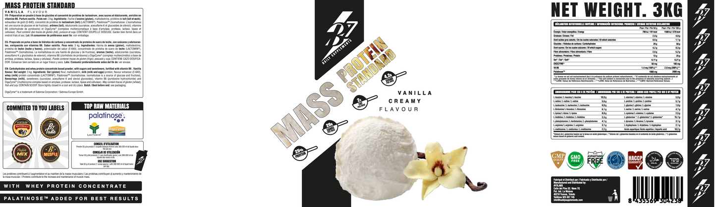 MASS PROTEIN 3KG a base di proteine, carboidrati, per l'aumento di massa muscolare, LACTOMIN®-DigeZyme®