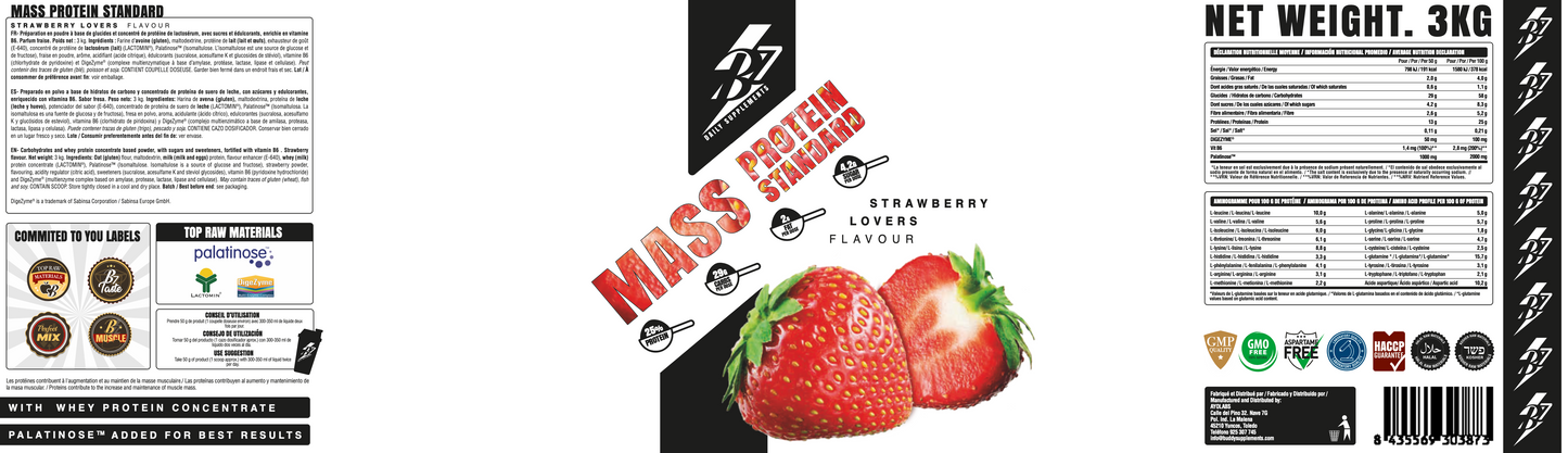 MASS PROTEIN 3KG a base di proteine, carboidrati, per l'aumento di massa muscolare, LACTOMIN®-DigeZyme®