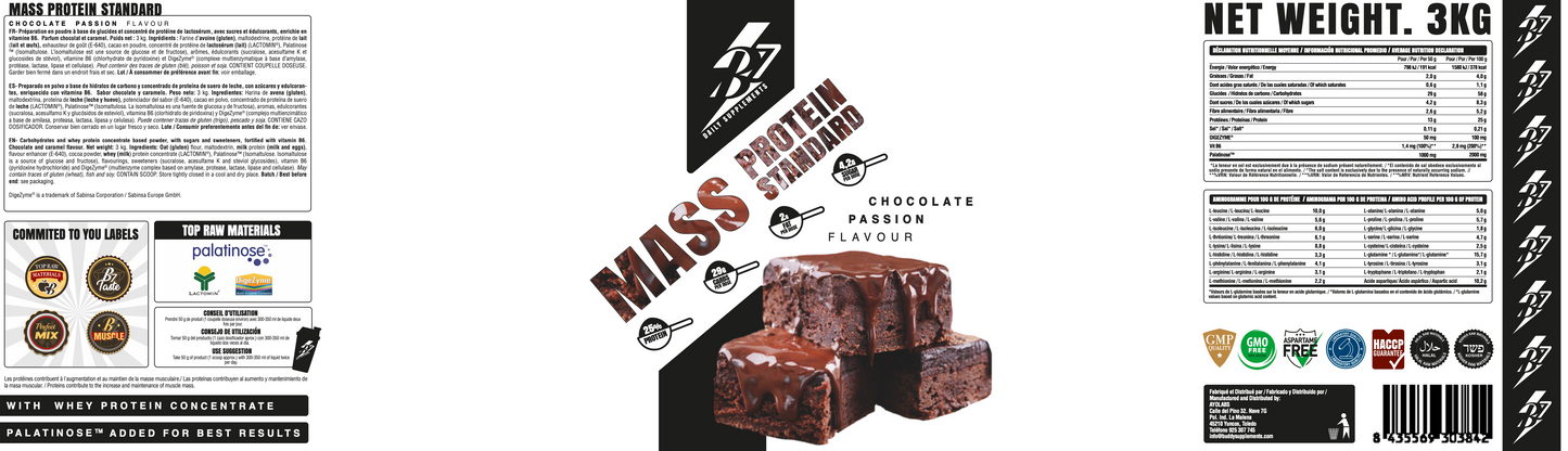 MASS PROTEIN 3KG a base di proteine, carboidrati, per l'aumento di massa muscolare, LACTOMIN®-DigeZyme®