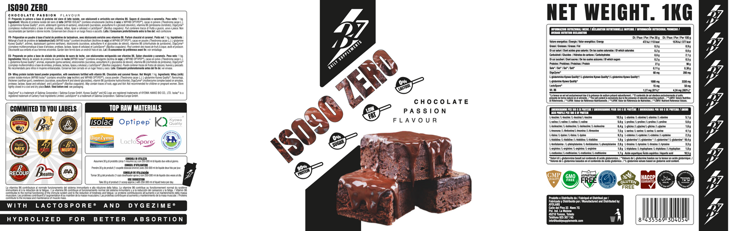 ISO90 ZERO - Proteine isolate e idrolizzate del siero del latte - cerificate-ISOLAC®- OPTIPEP®-Kyowa Quality®-DigeZyme®-Gluten Free-0%Lattosio-LactoSpore®-Carbery®